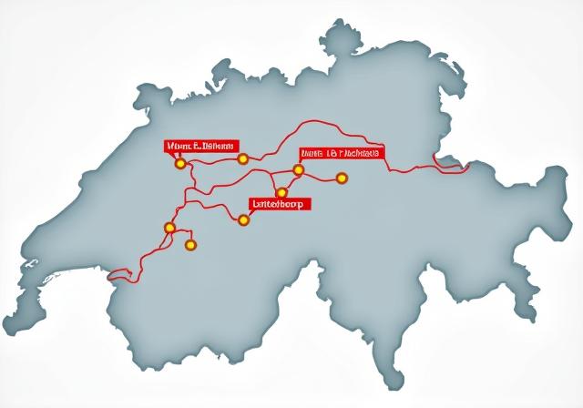 Stilisierte Karte der Schweiz, die die Standorte der wichtigsten Tunnels mit Sondermaut hervorhebt.
